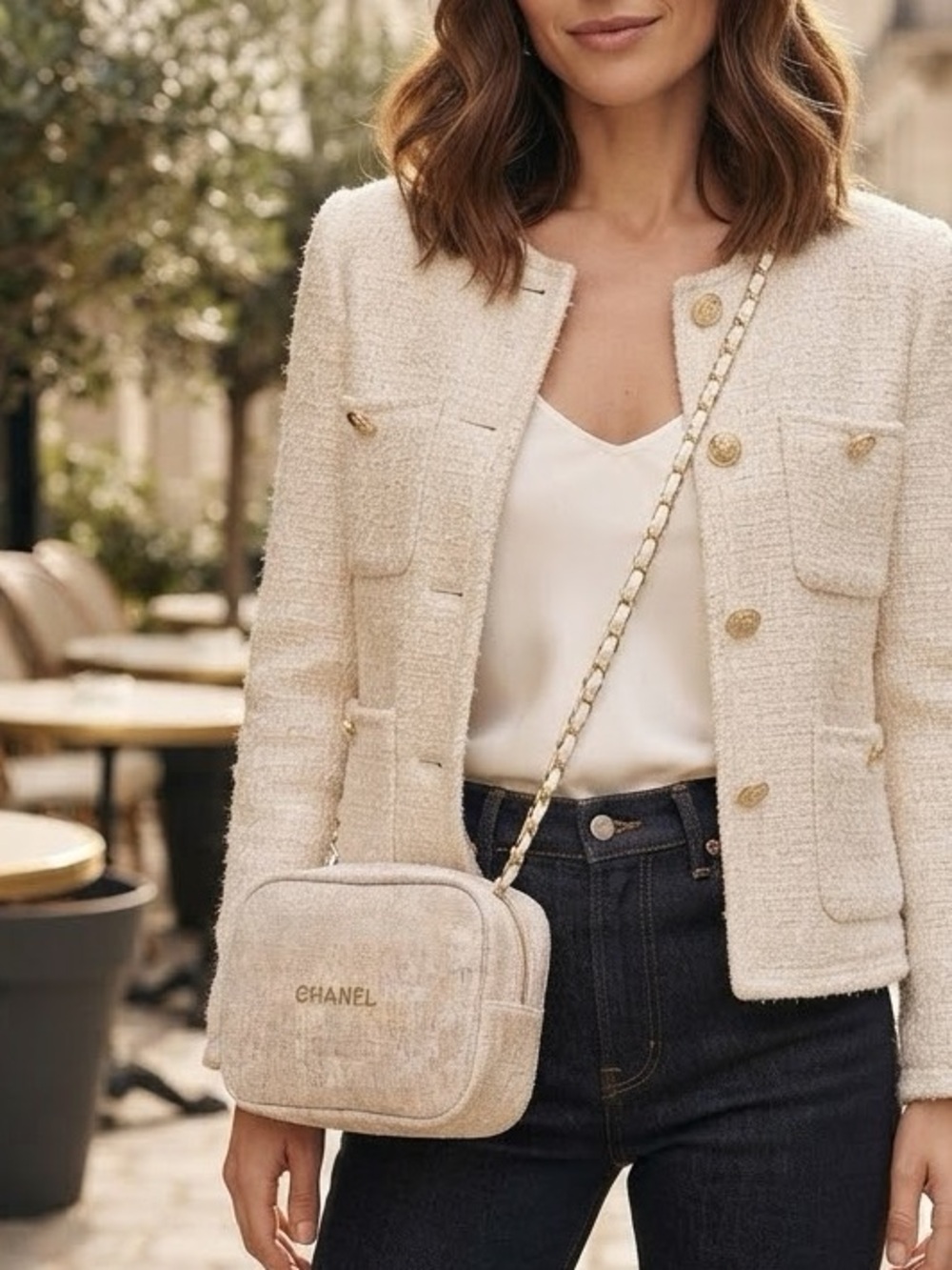 CHANEL Cream Tweed Crossbody with Gold Chain Strap
